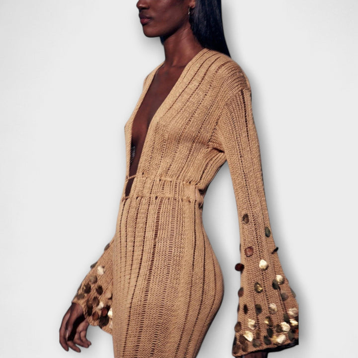 Kathleen - Robe maxi en maille dorée par Dolly