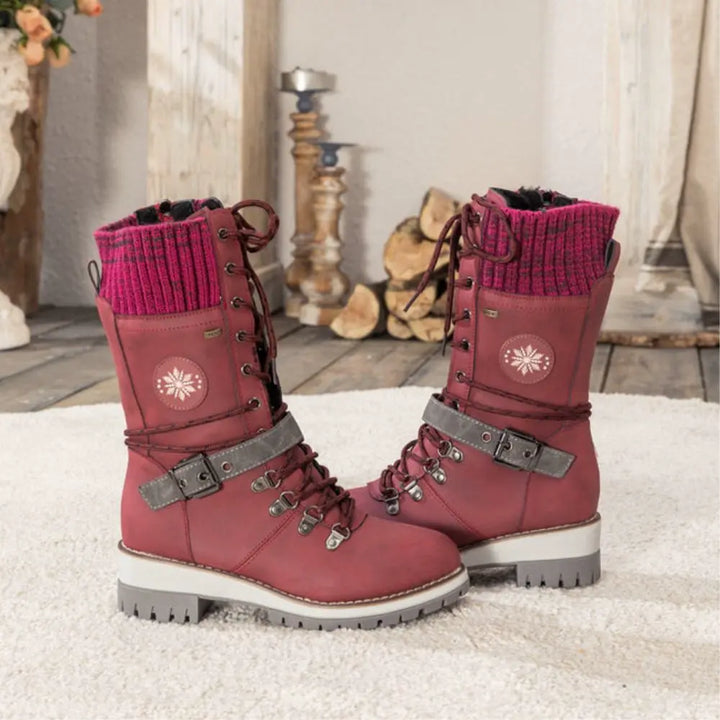 Bottes d'hiver à lacets pour femmes – Bordure en tricot & boucle – Semelle antidérapante