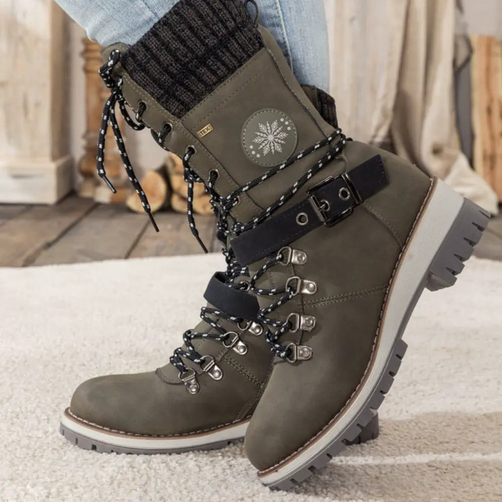 Bottes d'hiver à lacets pour femmes – Bordure en tricot & boucle – Semelle antidérapante