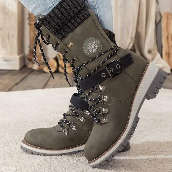 Bottes d'hiver à lacets pour femmes – Bordure en tricot & boucle – Semelle antidérapante