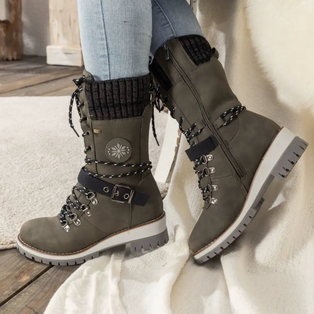 Bottes d'hiver à lacets pour femmes – Bordure en tricot & boucle – Semelle antidérapante