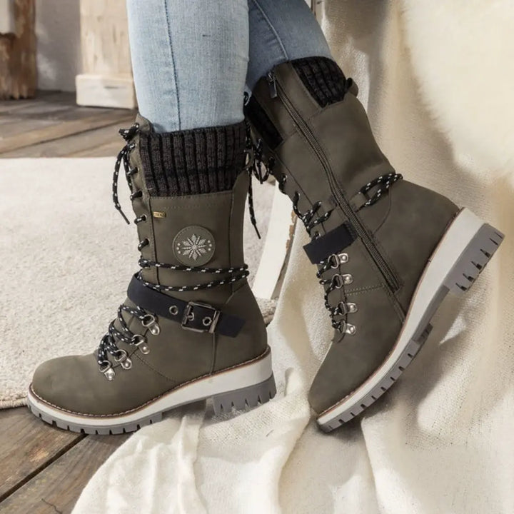 Bottes d'hiver à lacets pour femmes – Bordure en tricot & boucle – Semelle antidérapante