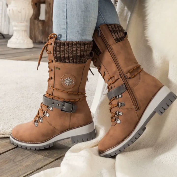 Bottes d'hiver à lacets pour femmes – Bordure en tricot & boucle – Semelle antidérapante