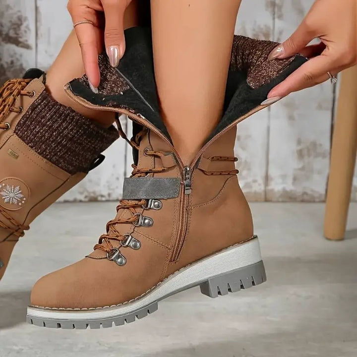 Bottes d'hiver à lacets pour femmes – Bordure en tricot & boucle – Semelle antidérapante