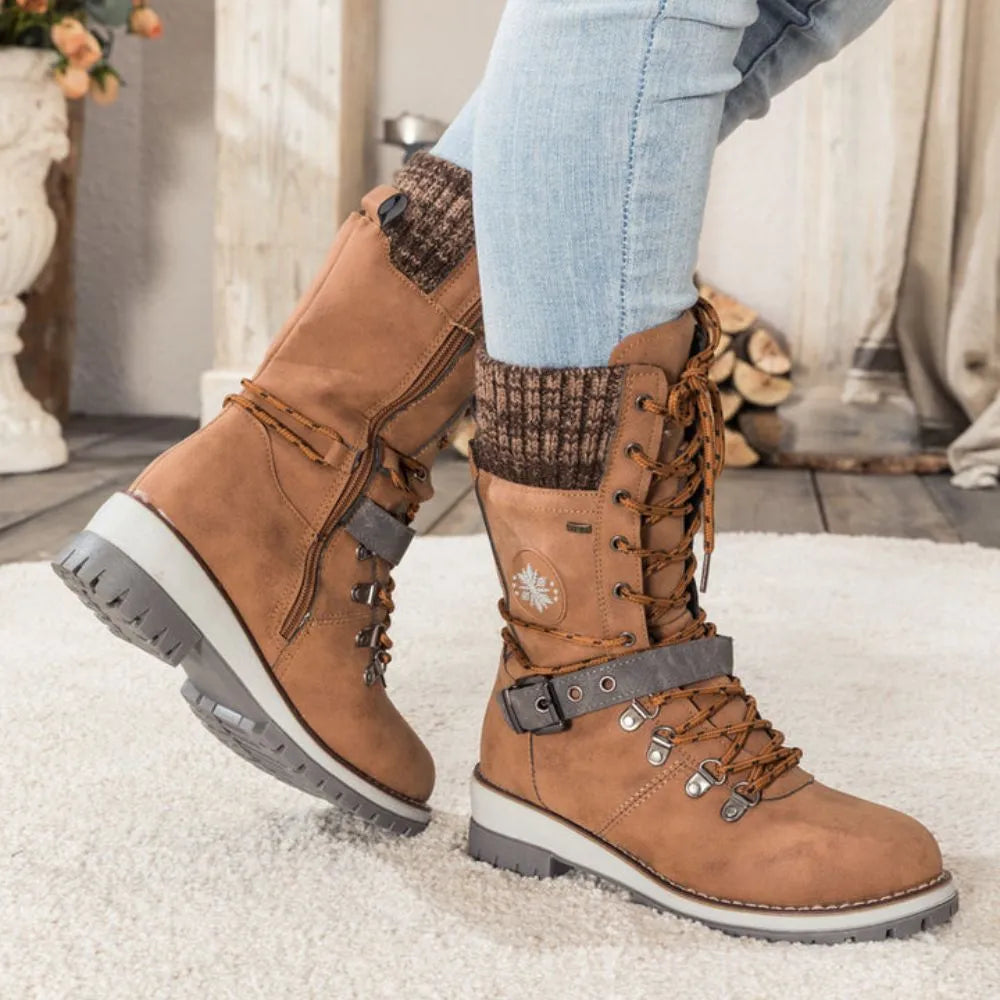 Bottes d'hiver à lacets pour femmes – Bordure en tricot & boucle – Semelle antidérapante