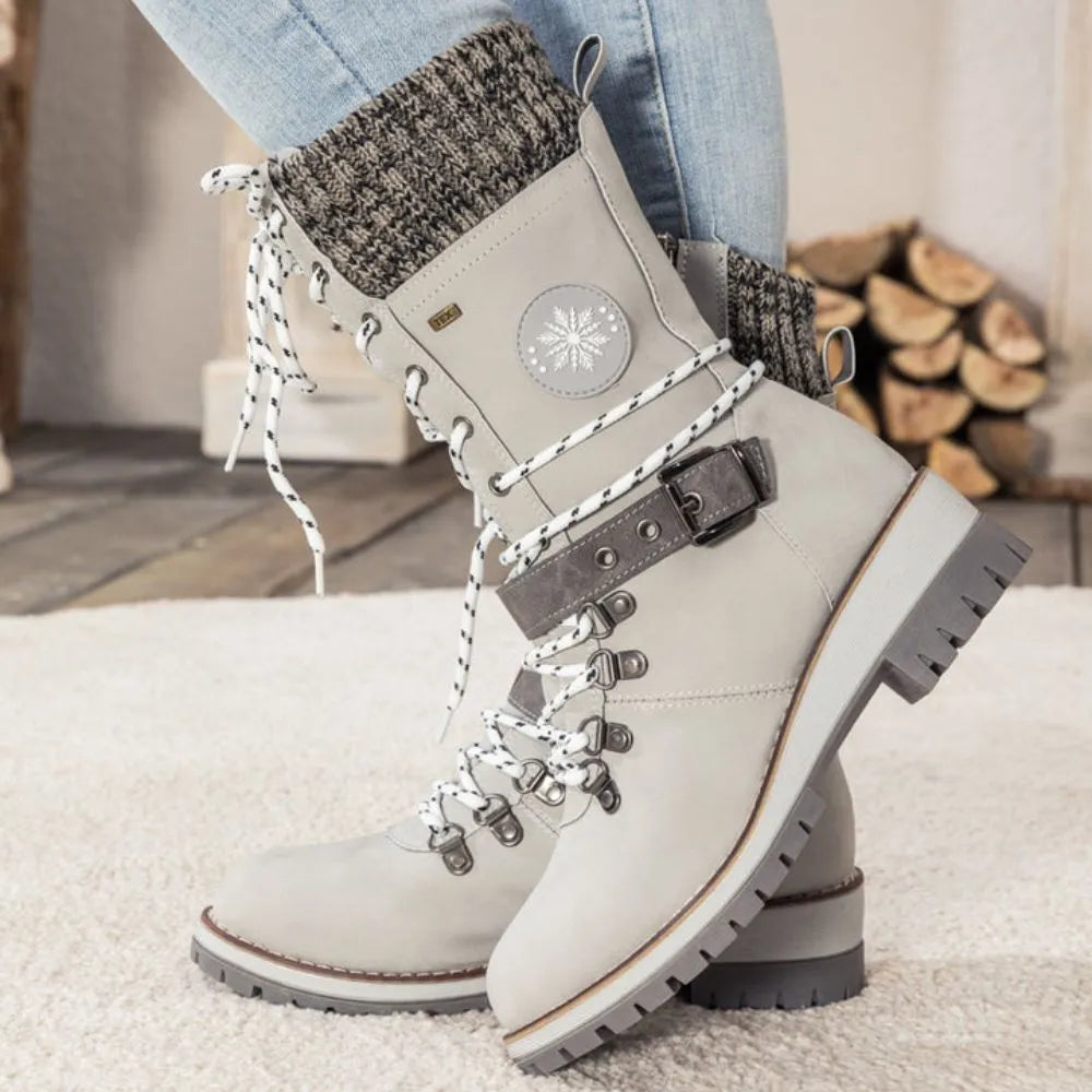 Bottes d'hiver à lacets pour femmes – Bordure en tricot & boucle – Semelle antidérapante