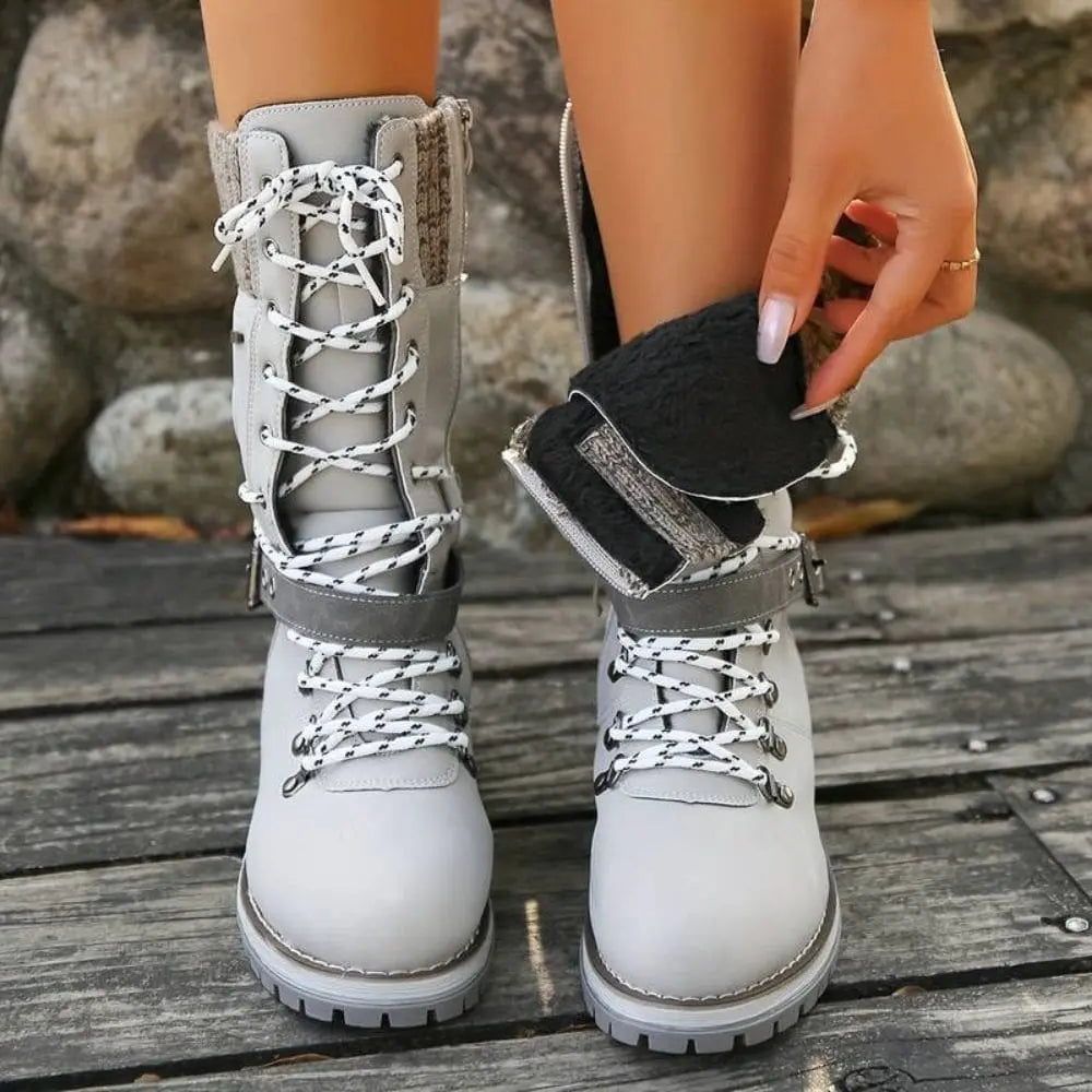 Bottes d'hiver à lacets pour femmes – Bordure en tricot & boucle – Semelle antidérapante