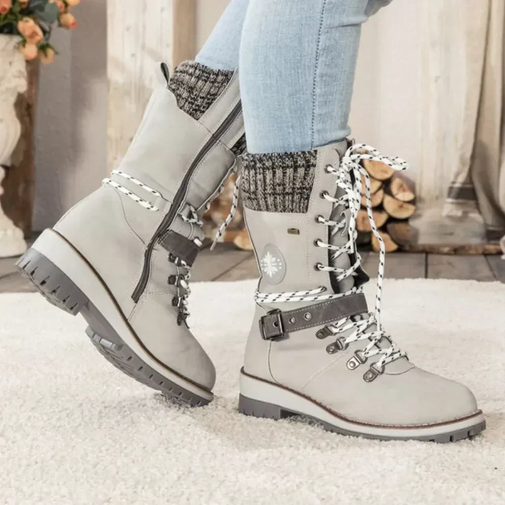 Bottes d'hiver à lacets pour femmes – Bordure en tricot & boucle – Semelle antidérapante