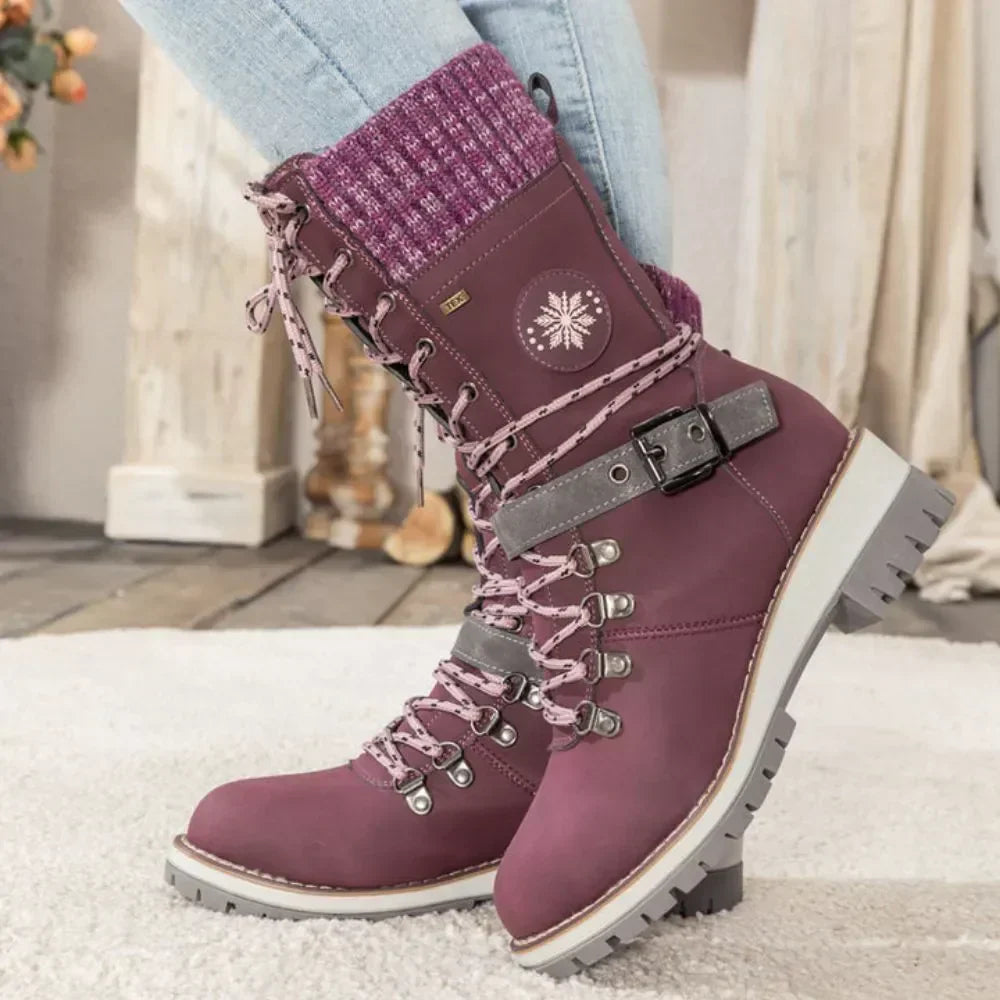 Bottes d'hiver à lacets pour femmes – Bordure en tricot & boucle – Semelle antidérapante