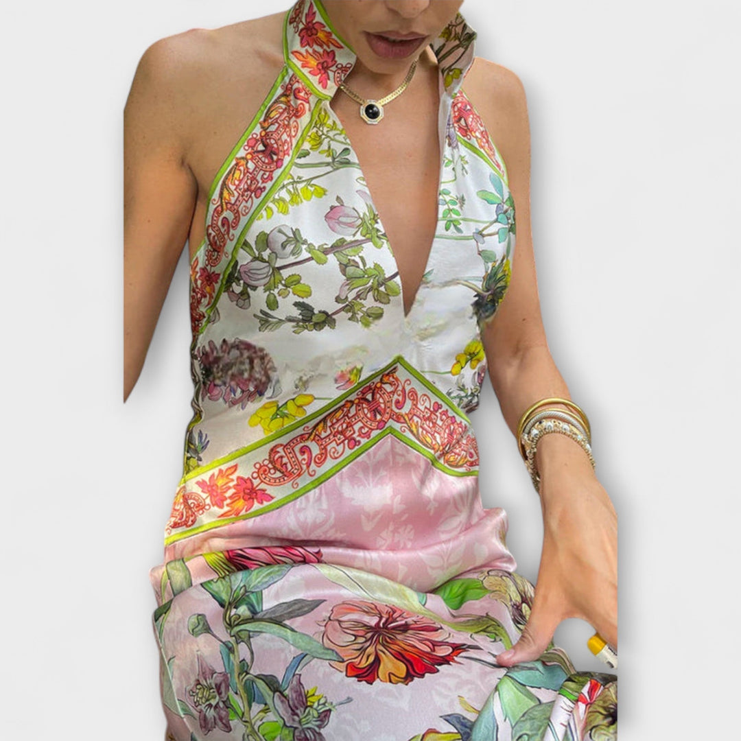 Ayla - Robe longue sans manches à motif floral avec dos ouvert