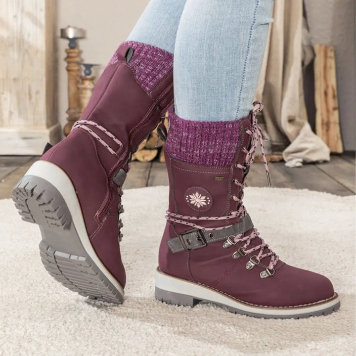 Bottes d'hiver à lacets pour femmes – Bordure en tricot & boucle – Semelle antidérapante