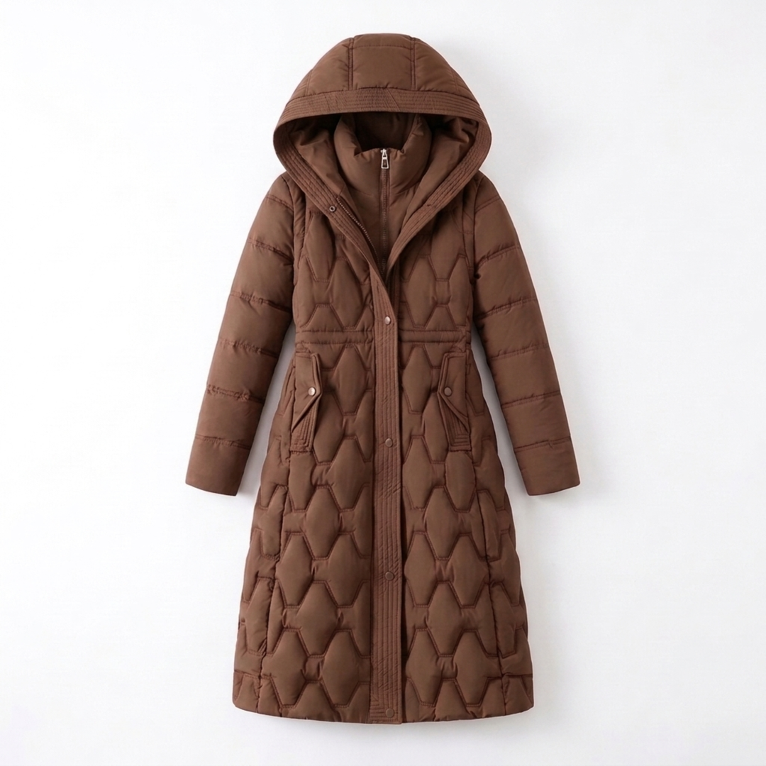 Daisy | Elegant Women’s Long Quilted Puffer Coat with Hood and Cinched Waist