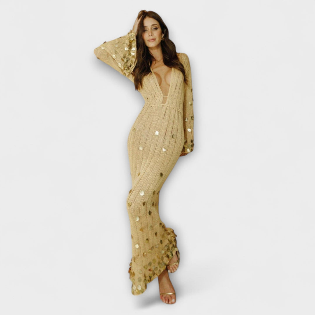 Kathleen - Robe maxi en maille dorée par Dolly