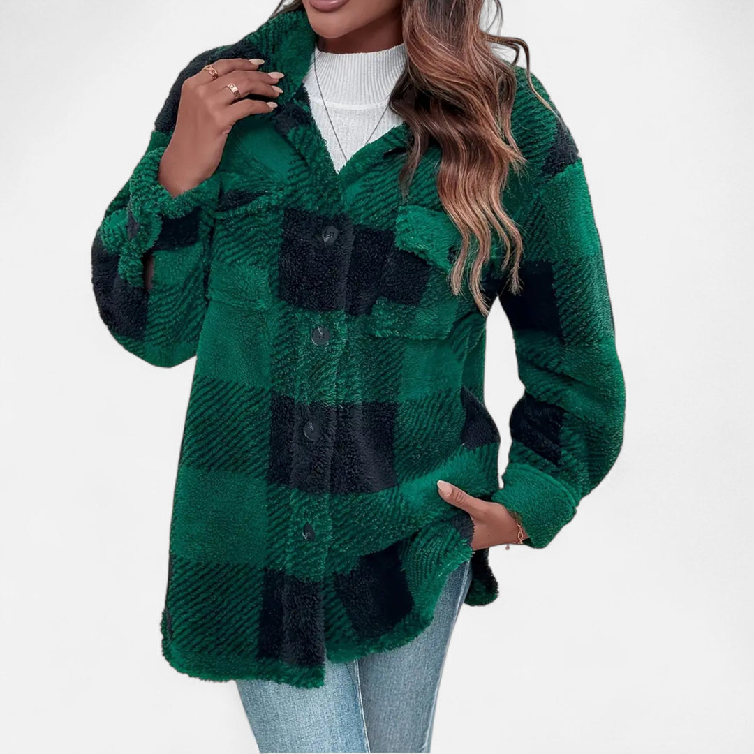 Marceline | Cozy Women's Sherpa Jacket with Checkered Pattern and Button Closure