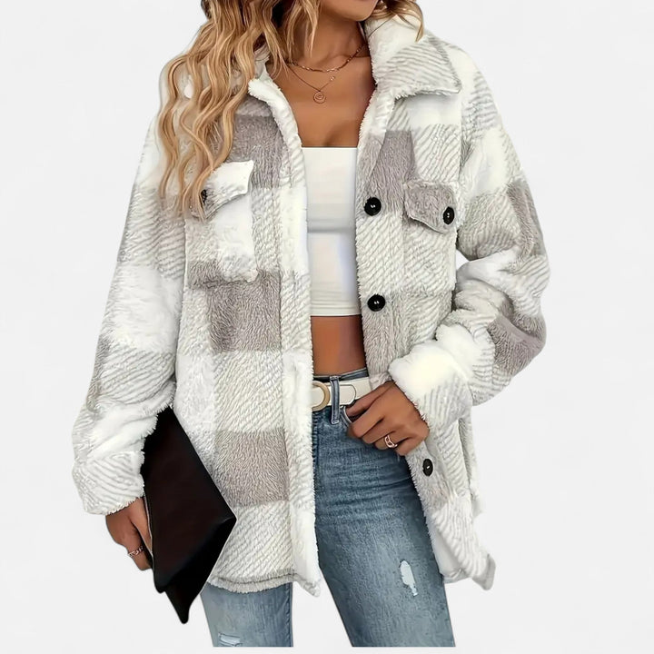 Marceline | Cozy Women's Sherpa Jacket with Checkered Pattern and Button Closure