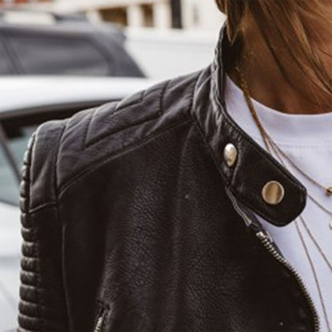 Veste en cuir femme motard avec fermeture éclair, poches, manches côtelées, blouson moto.