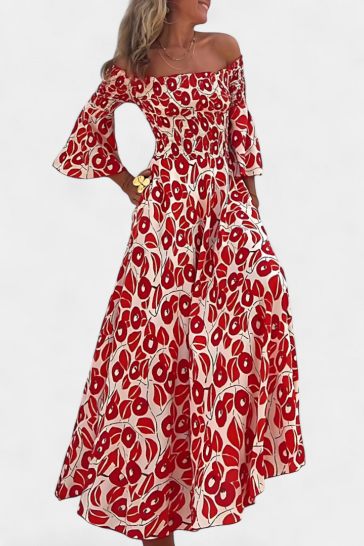 Robe fleurie marine à épaules dénudées
