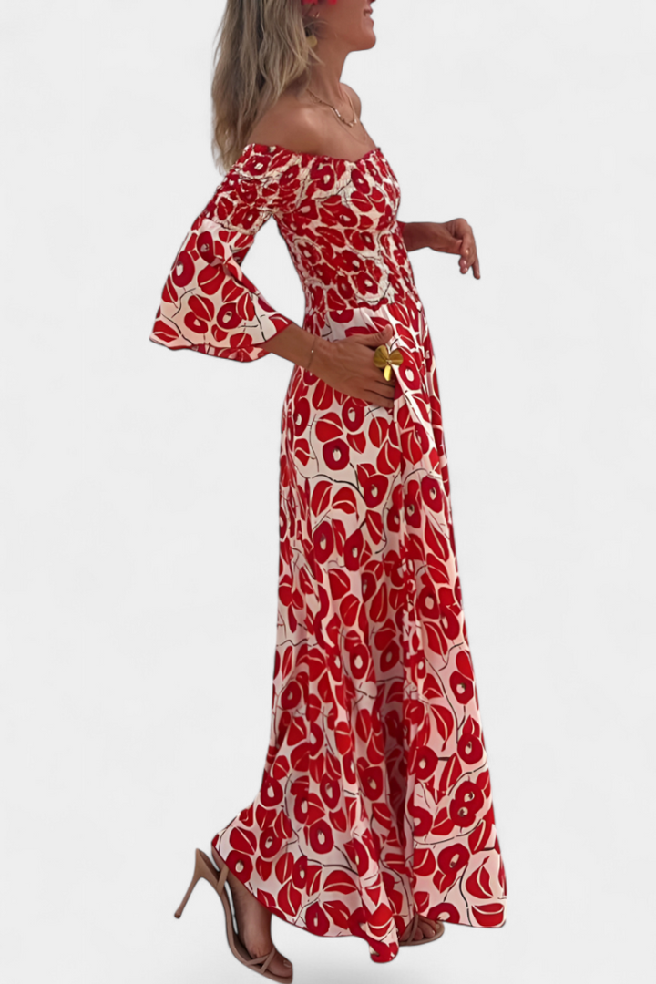 Robe fleurie marine à épaules dénudées