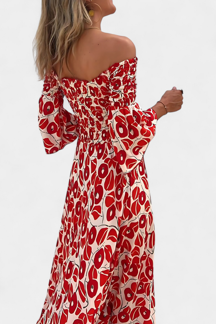 Robe fleurie marine à épaules dénudées