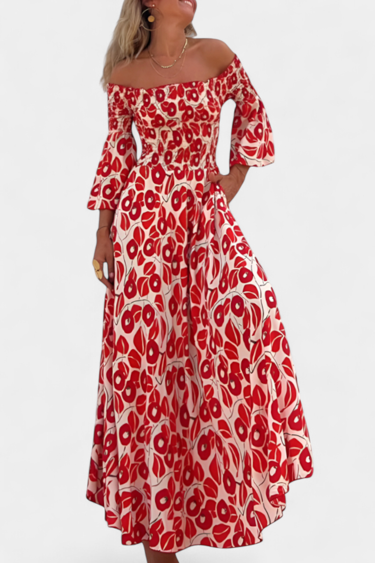 Robe fleurie marine à épaules dénudées