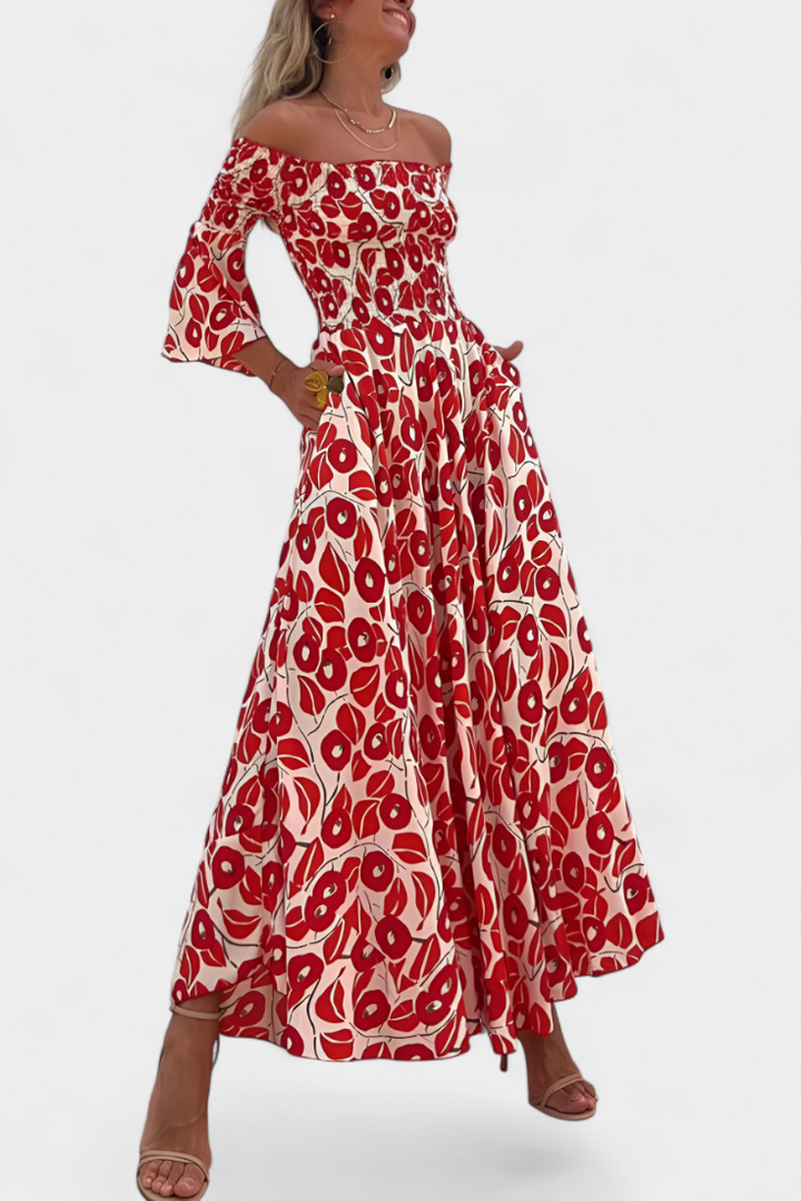 Robe fleurie marine à épaules dénudées
