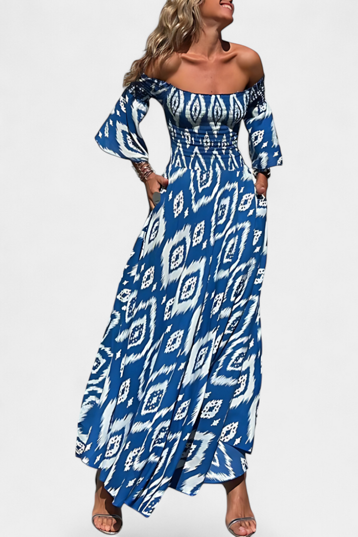 Robe fleurie marine à épaules dénudées
