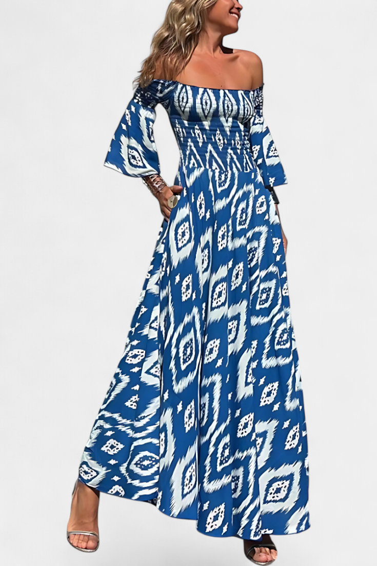 Robe fleurie marine à épaules dénudées
