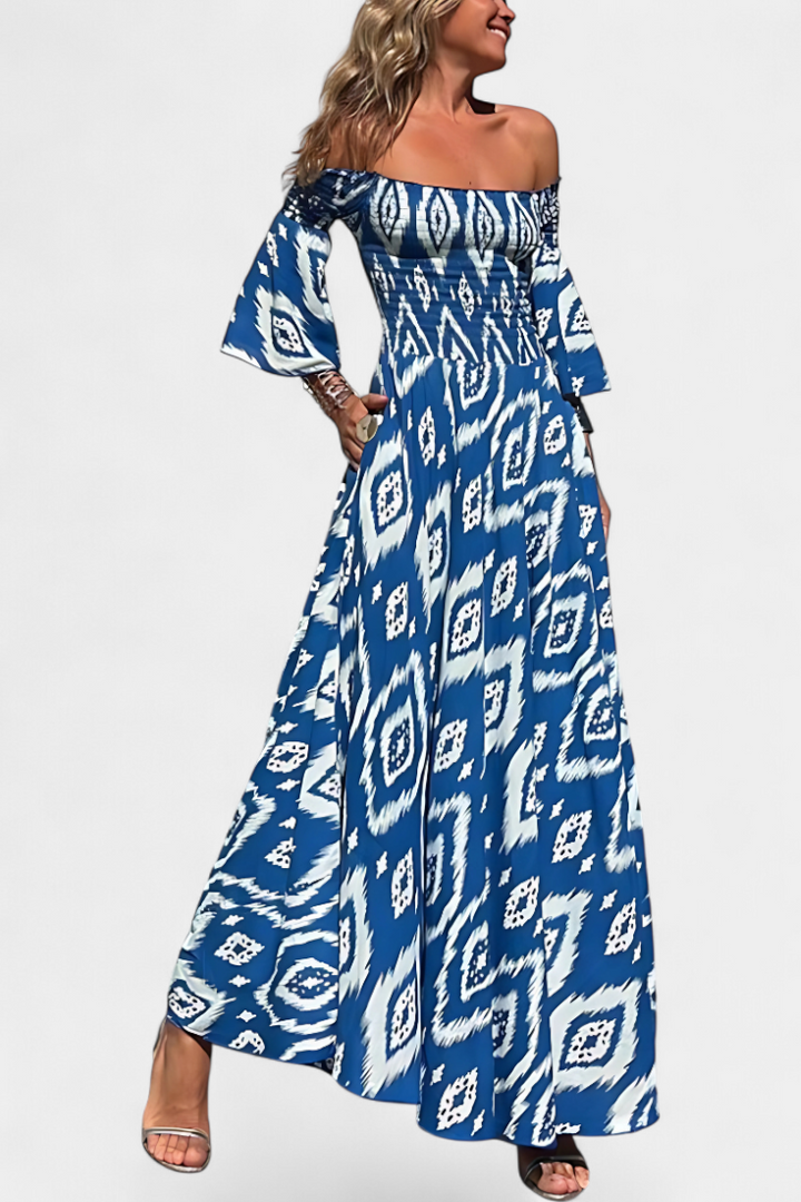 Robe fleurie marine à épaules dénudées