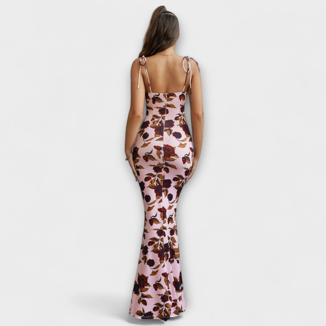 Thalia - Robe de bal imprimé floral avec bretelles nouées aux épaules