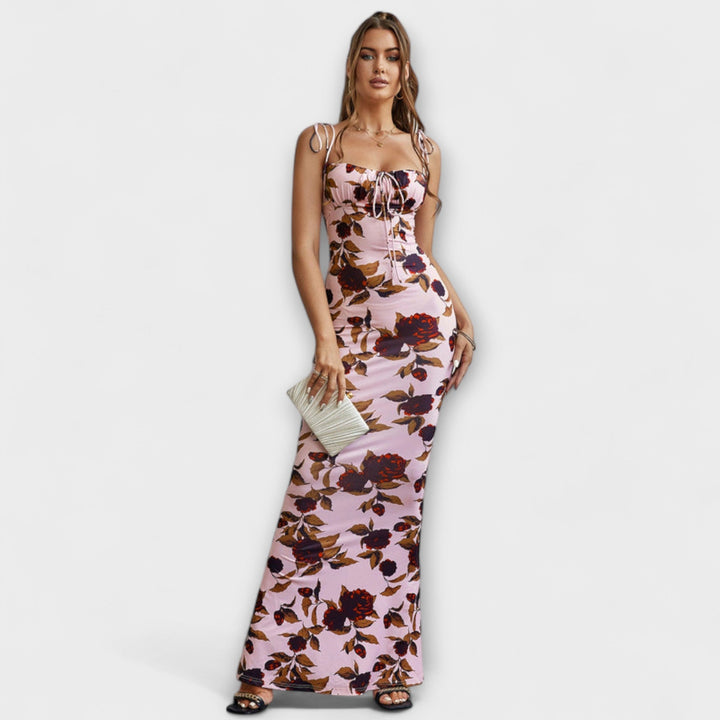 Thalia - Robe de bal imprimé floral avec bretelles nouées aux épaules