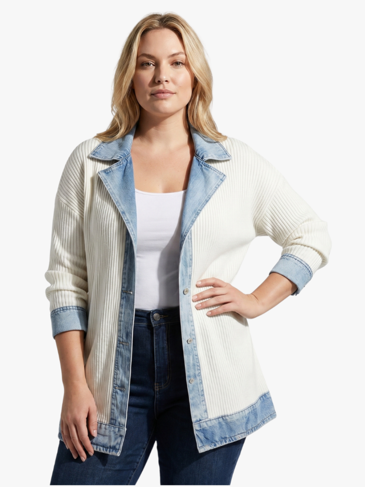 Women's Knit Denim Patchwork Jacket Casual Button Layering Outerwear