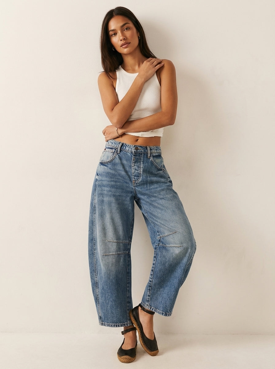 Mallory | Jean en denim taille haute à jambe barrel, faciles à porter, avec détails de coutures