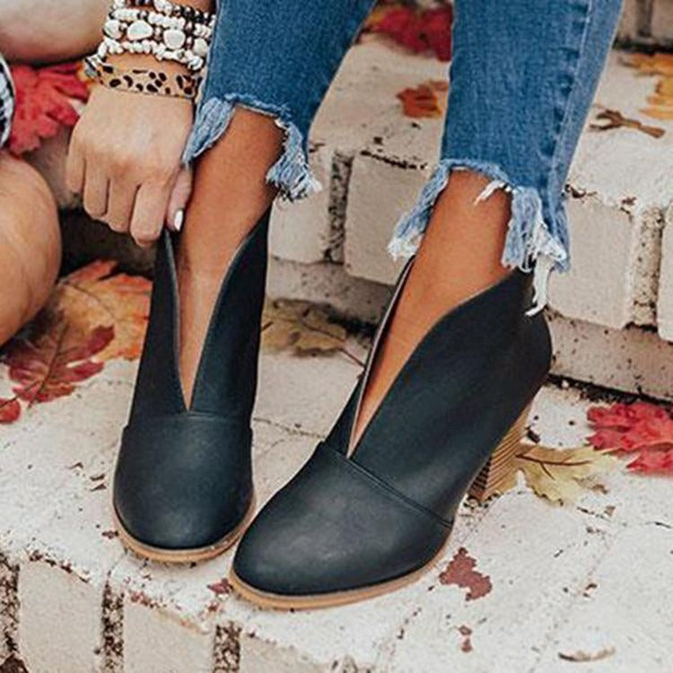 Bottines Femme - Bout Amande - Talon Épais Empilé - Chaussures Décontractées Sans Lacets