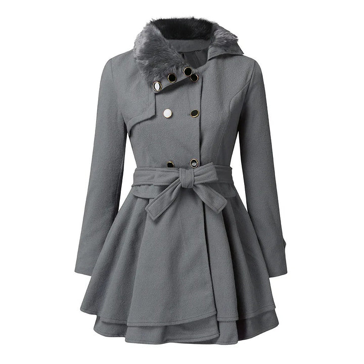 Aurelie | Trench-coat ceinturé d’inspiration vintage avec bordure en fausse fourrure et taille ajustée
