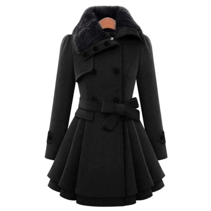 Aurelie | Trench-coat ceinturé d’inspiration vintage avec bordure en fausse fourrure et taille ajustée