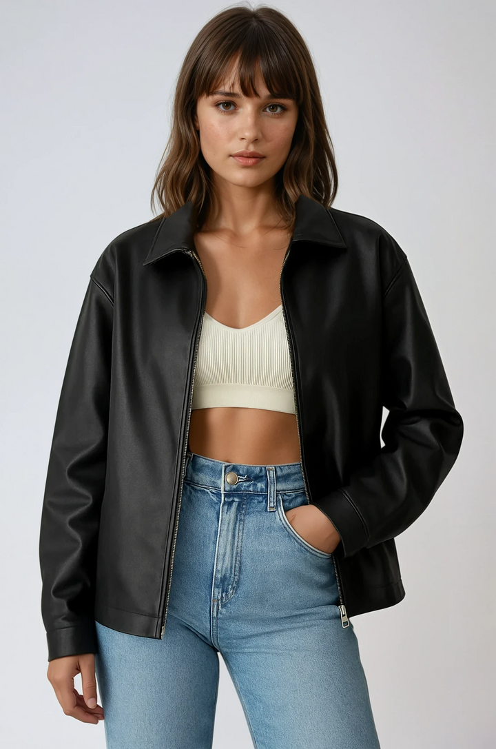 Women Faux Leather Jacket Relaxed Fit Zip Utility Outerwear