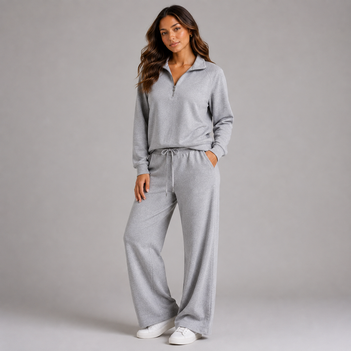 Ilaria | Cozy Two-Piece Lounge Set with Half-Zip Sweatshirt and Wide-Leg Trousers