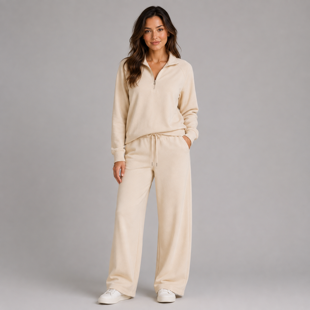 Ilaria | Cozy Two-Piece Lounge Set with Half-Zip Sweatshirt and Wide-Leg Trousers
