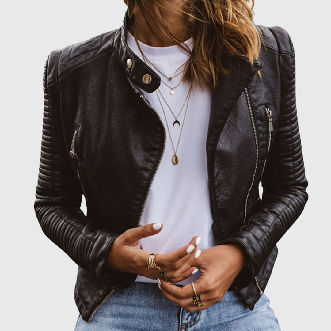 Veste en cuir femme motard avec fermeture éclair, poches, manches côtelées, blouson moto.