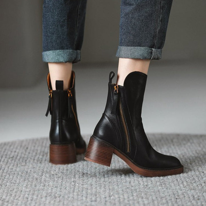 Women's Ankle Boots Leather High Heel Metal Zipper Shock Absorbing Sole Evening