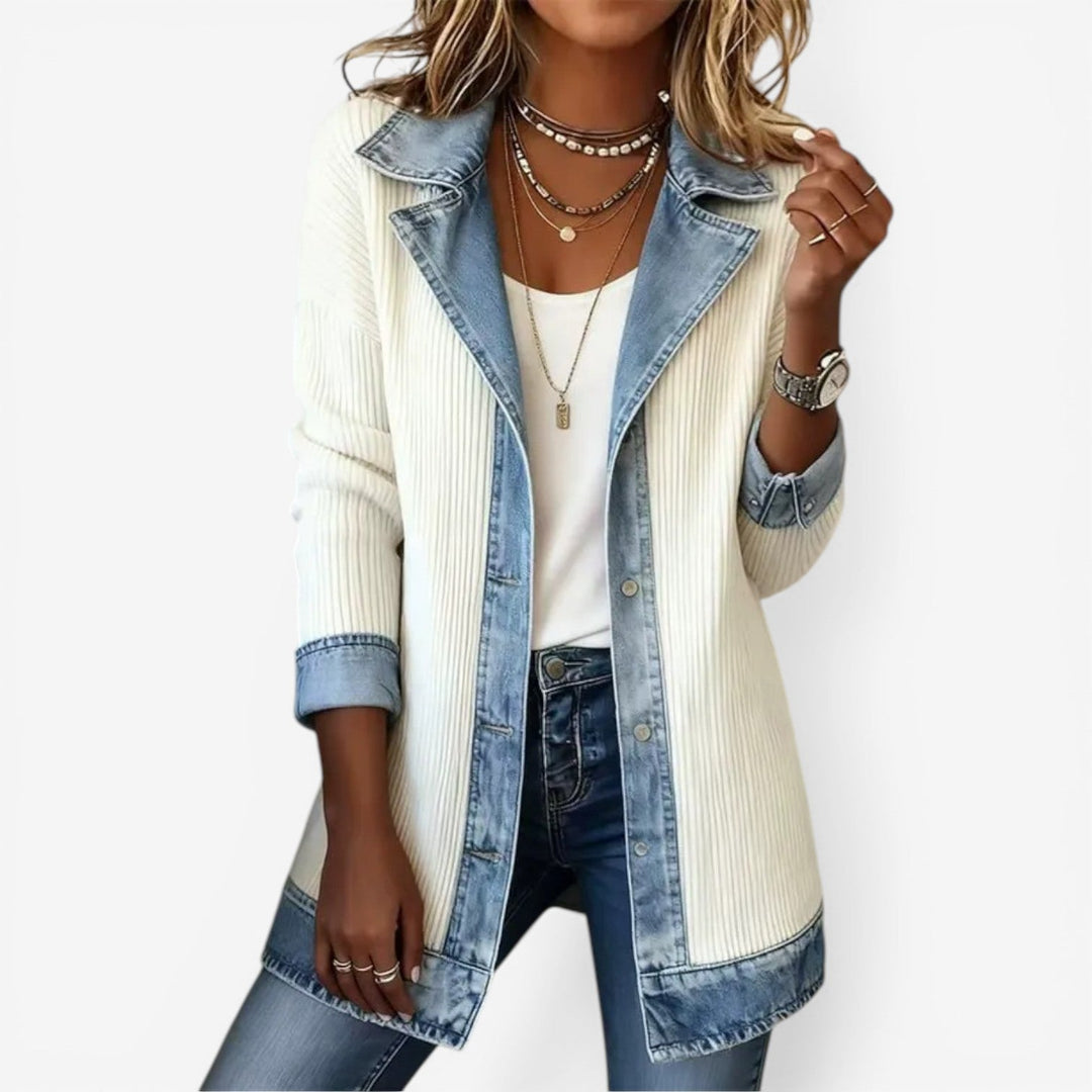 Women's Knit Denim Patchwork Jacket Casual Button Layering Outerwear