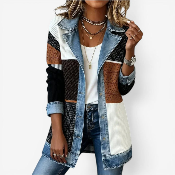 Women's Knit Denim Patchwork Jacket Casual Button Layering Outerwear