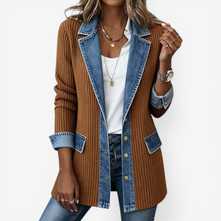 Women's Knit Denim Patchwork Jacket Casual Button Layering Outerwear