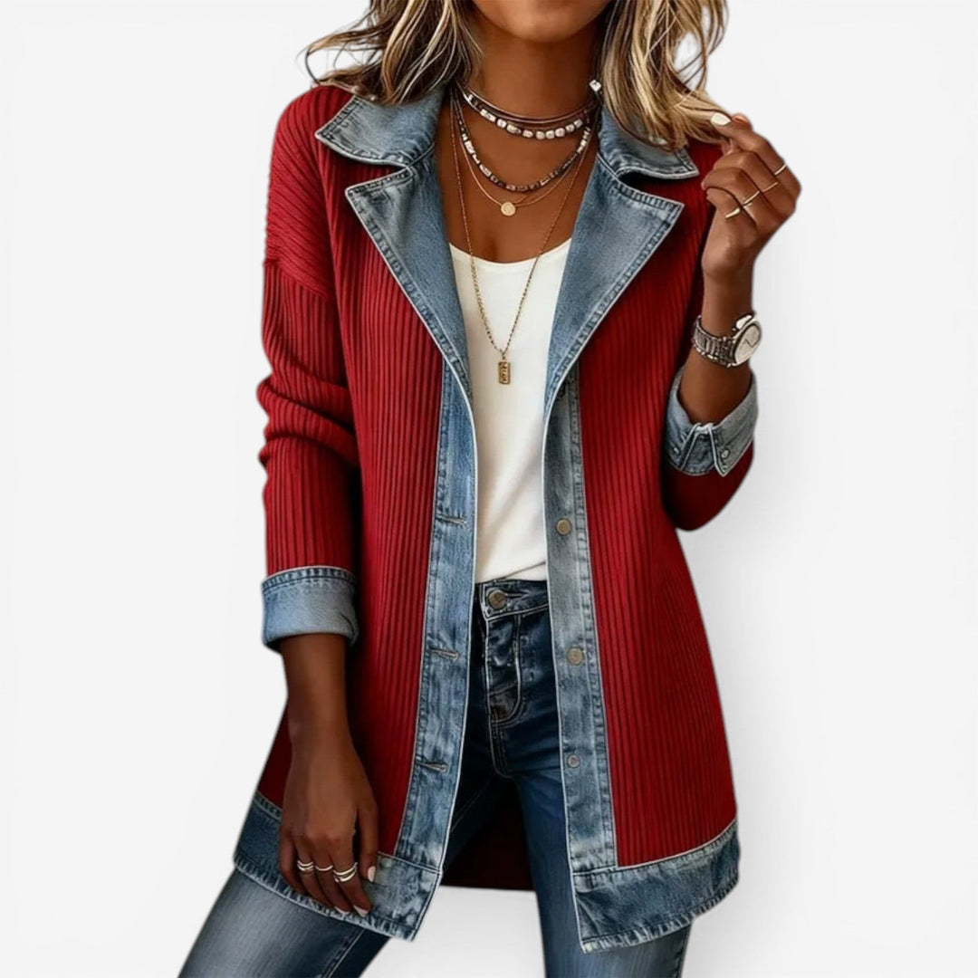 Women's Knit Denim Patchwork Jacket Casual Button Layering Outerwear