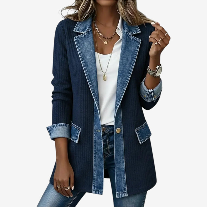 Women's Knit Denim Patchwork Jacket Casual Button Layering Outerwear