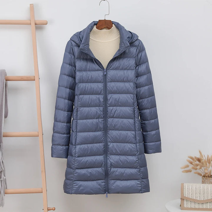 Ambrosine | Ultra-Light Long Down Jacket with Detachable Hood and Duck Down Fill