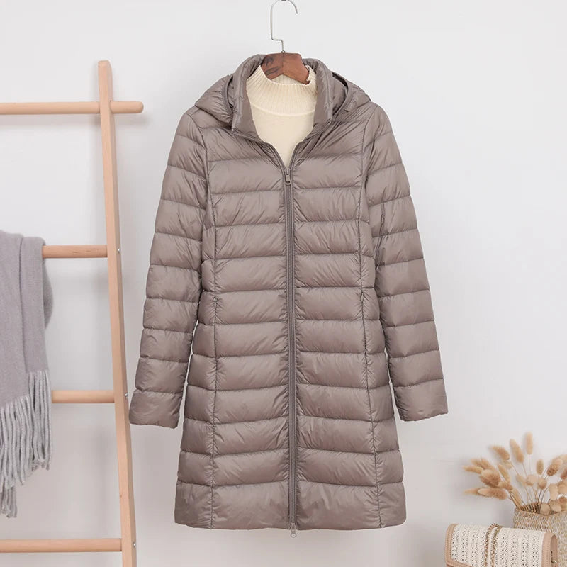 Ambrosine | Ultra-Light Long Down Jacket with Detachable Hood and Duck Down Fill