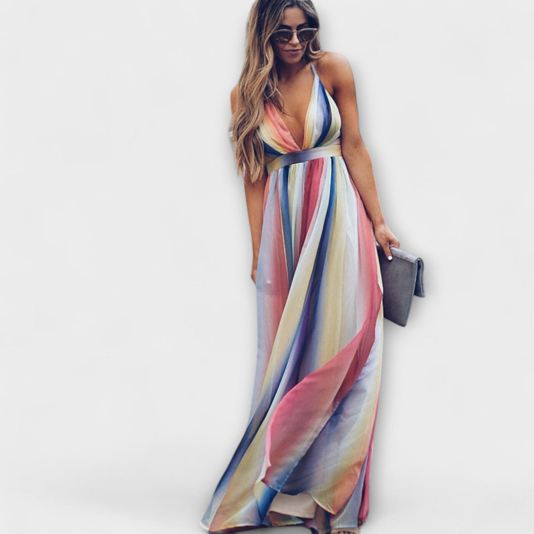 Multicolored Striped Women's Dress with V-Neck