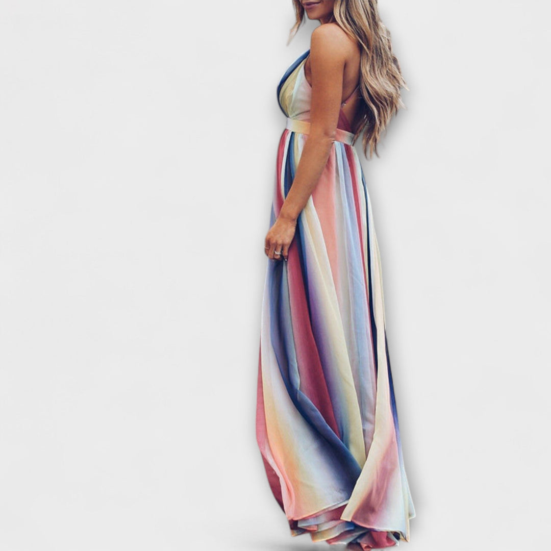 Multicolored Striped Women's Dress with V-Neck