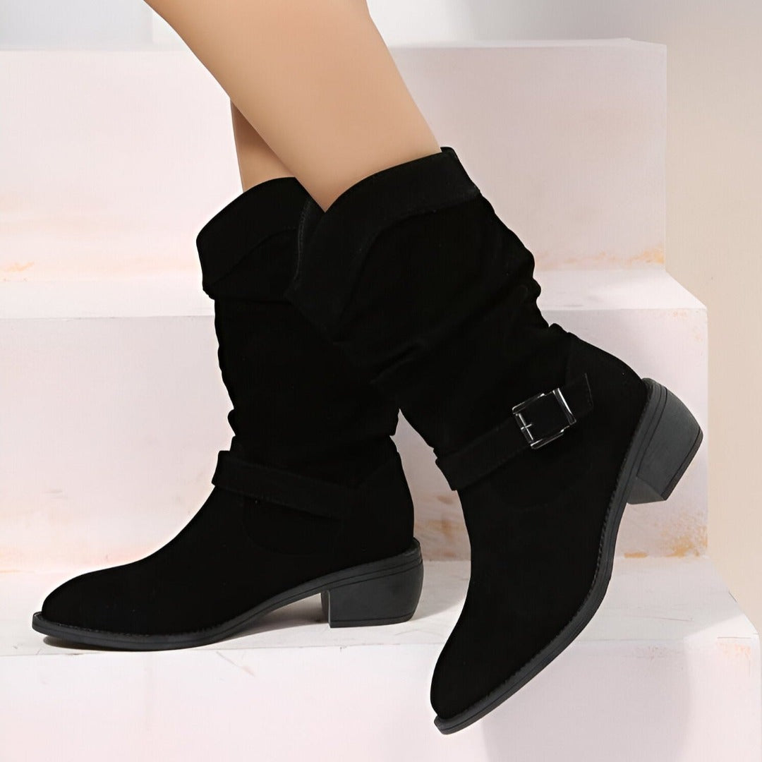 Women's Ankle Boots Faux Suede Slouchy Low Heel Buckle Strap Casual